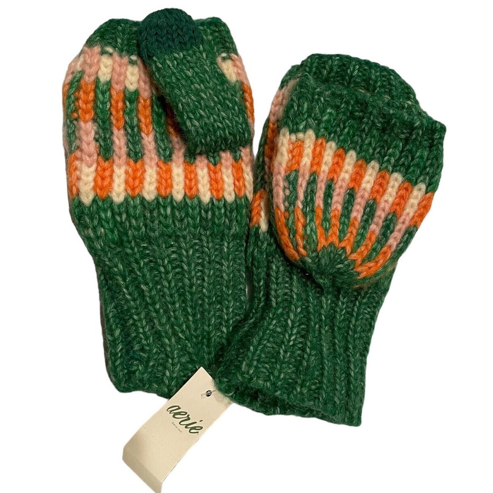 Aerie Convertible Mittens, Green Multi OS, NWOT